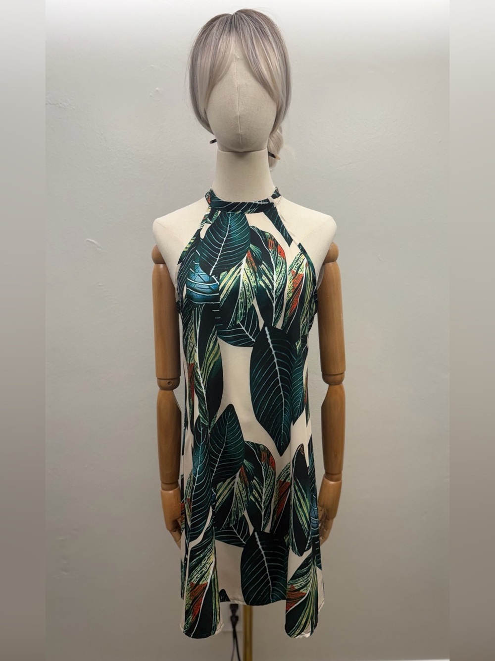 Tropical Leaf Halter Mini Dress White Green Sleeveless Women Size S